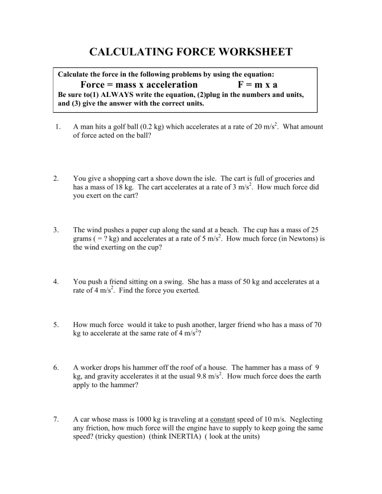 Calculating Force Worksheet Physics Problems