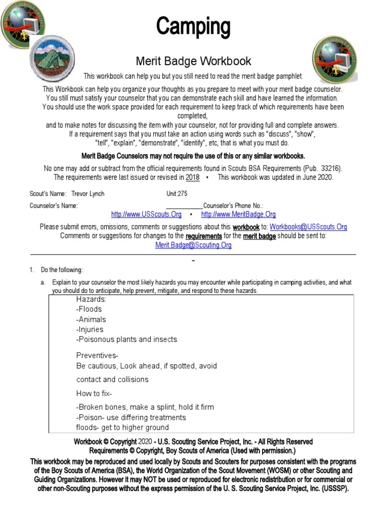 Camping Merit Badge PDF Boy Scouts Of America Sausage 