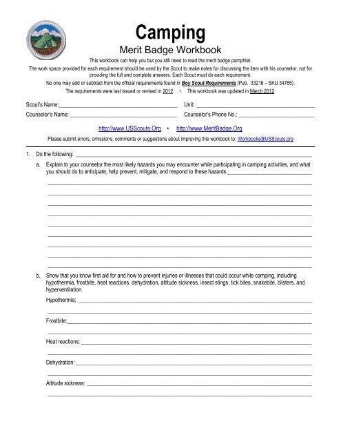 Camping Merit Badge Research Center Worksheets Library
