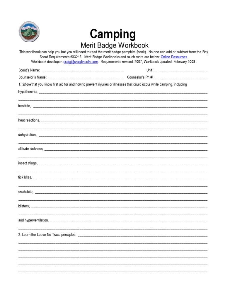 Camping Merit Badge Workbook PDF Backpacking Wilderness 