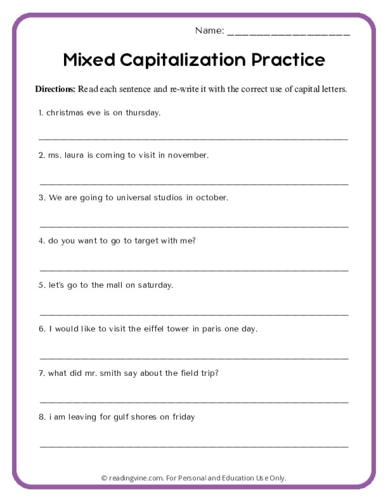 capitalization worksheets 4th grade