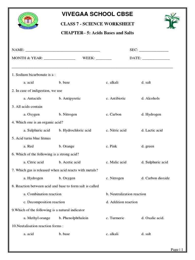 CBSE Class 7 Science Acids Bases Salts Worksheet PDF Acid 