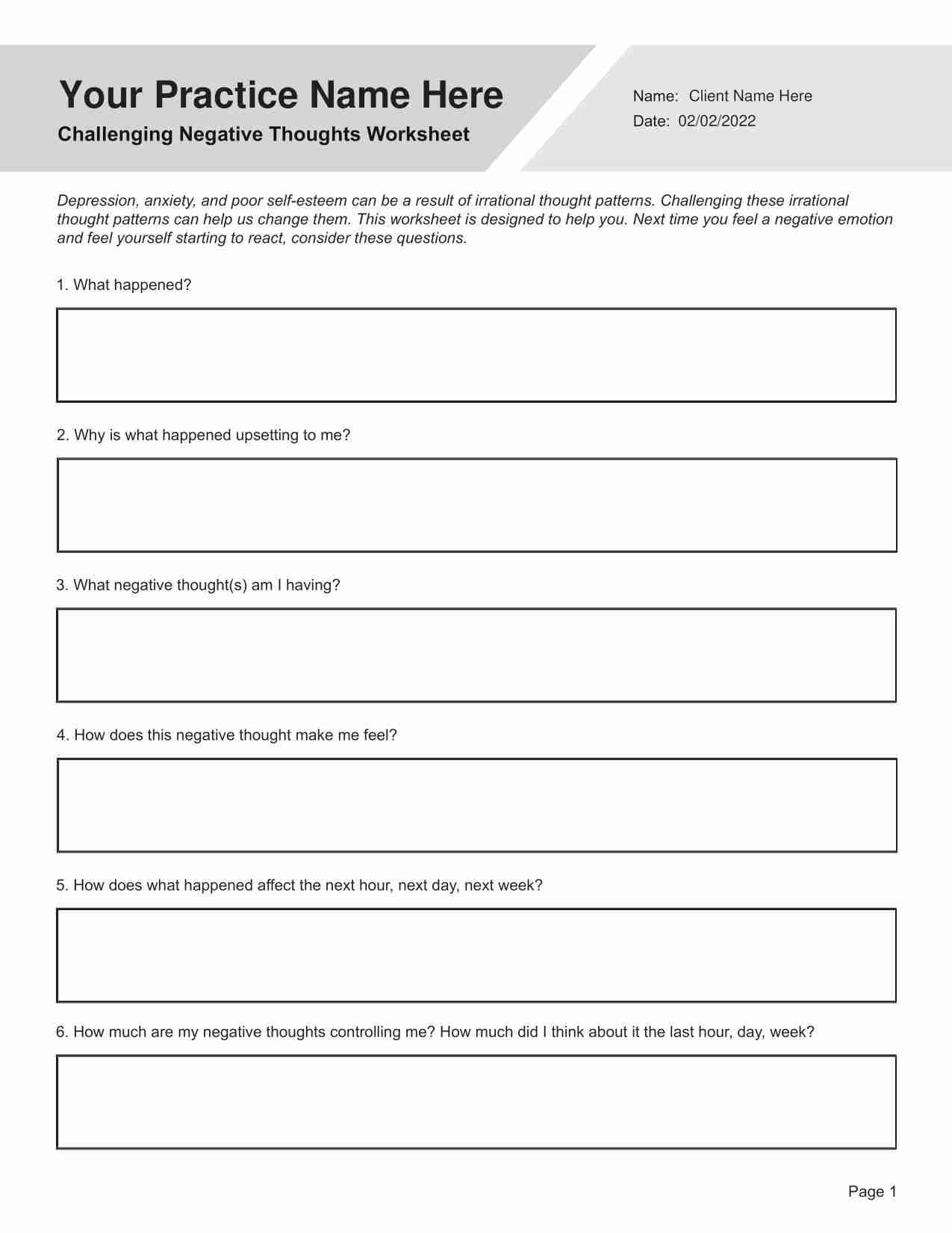challenging negative thoughts worksheet pdf