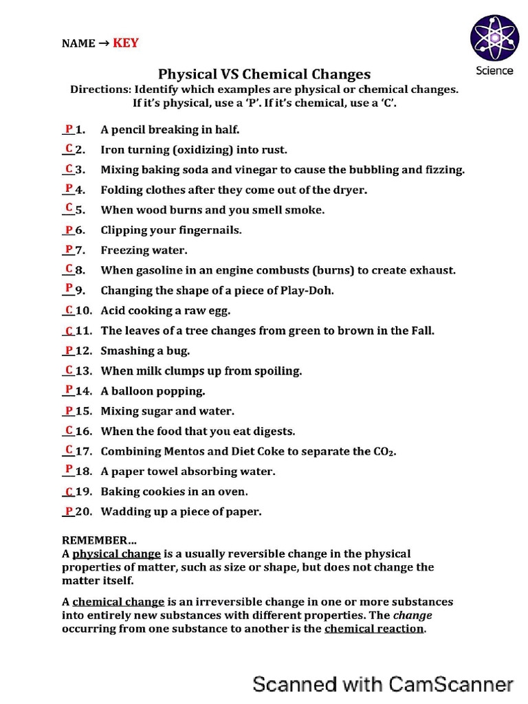 Chemical And Physical Change Worksheet Answer Key PDF Worksheets