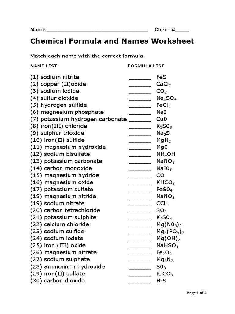 Chemical Formula And Names Worksheet PDF Oxide Sodium 