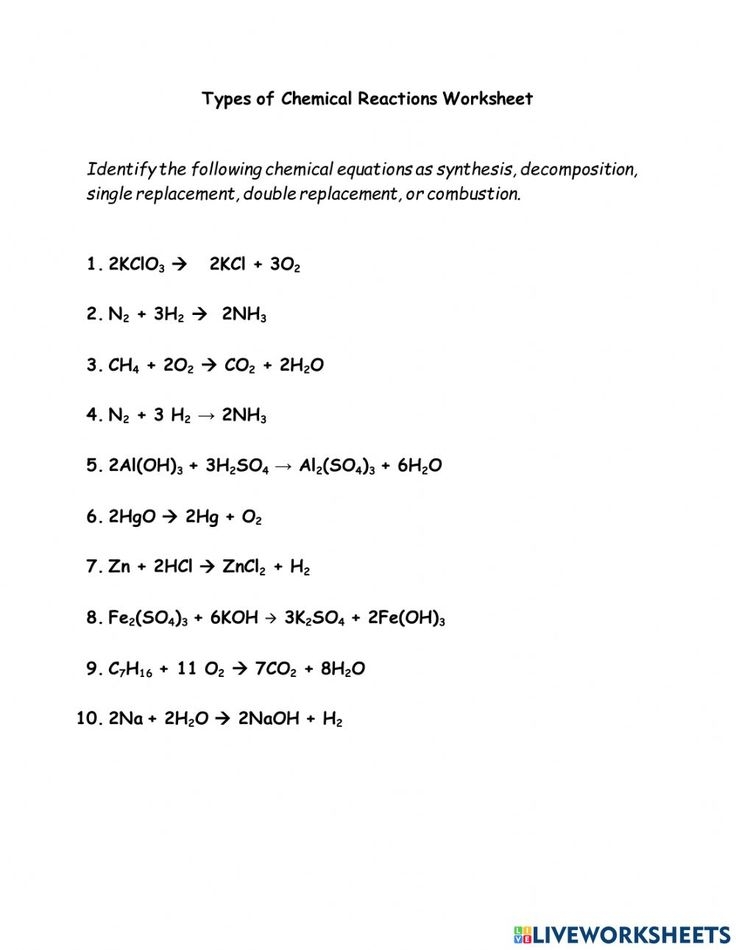 Chemical Reactions Types Worksheet