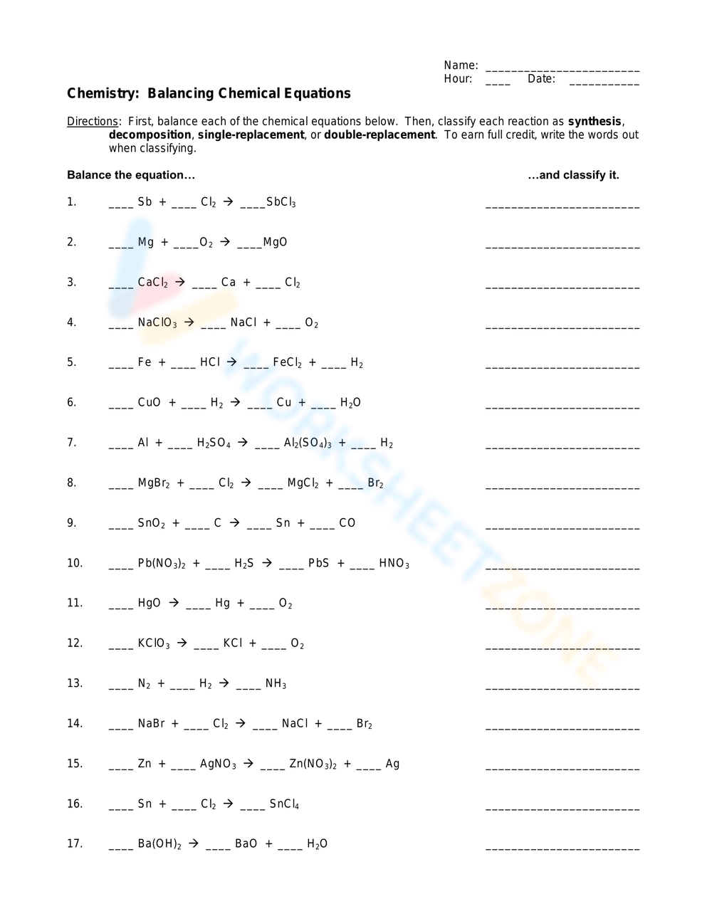 Chemistry Balancing Chemical Equations Worksheet Worksheets Library