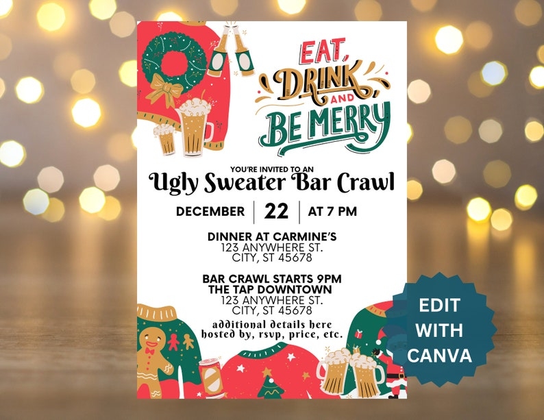 Christmas Crawl Invitation Template Bar Pub Invite Editable Canva Etsy