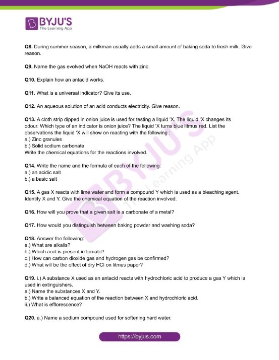 Class 10 Chemistry Worksheet On Chapter 2 Acids Bases And Salts 