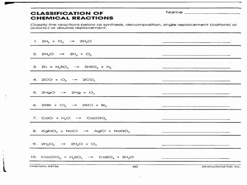 worksheet on types of chemical reactions