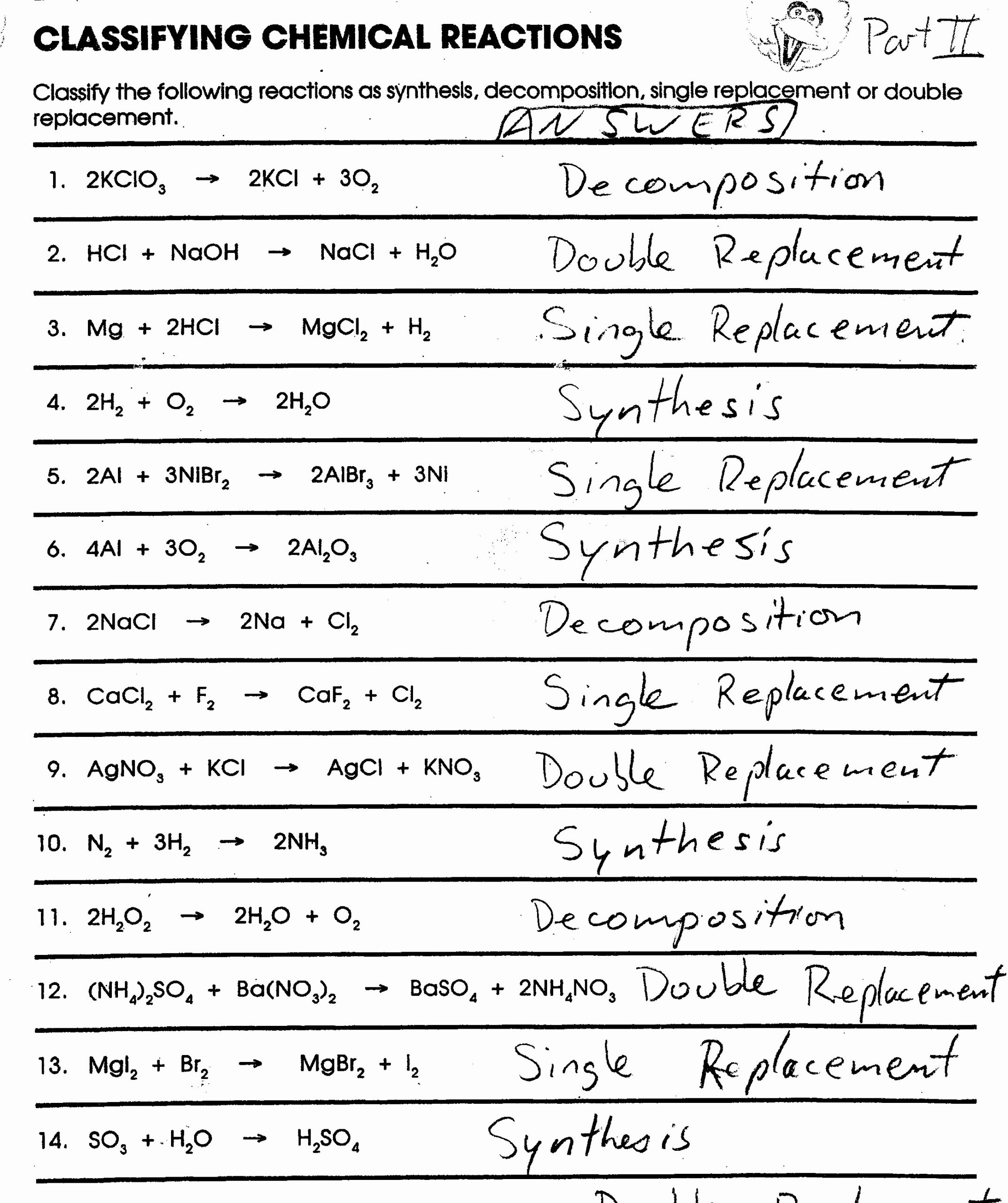 type of reactions worksheet answers