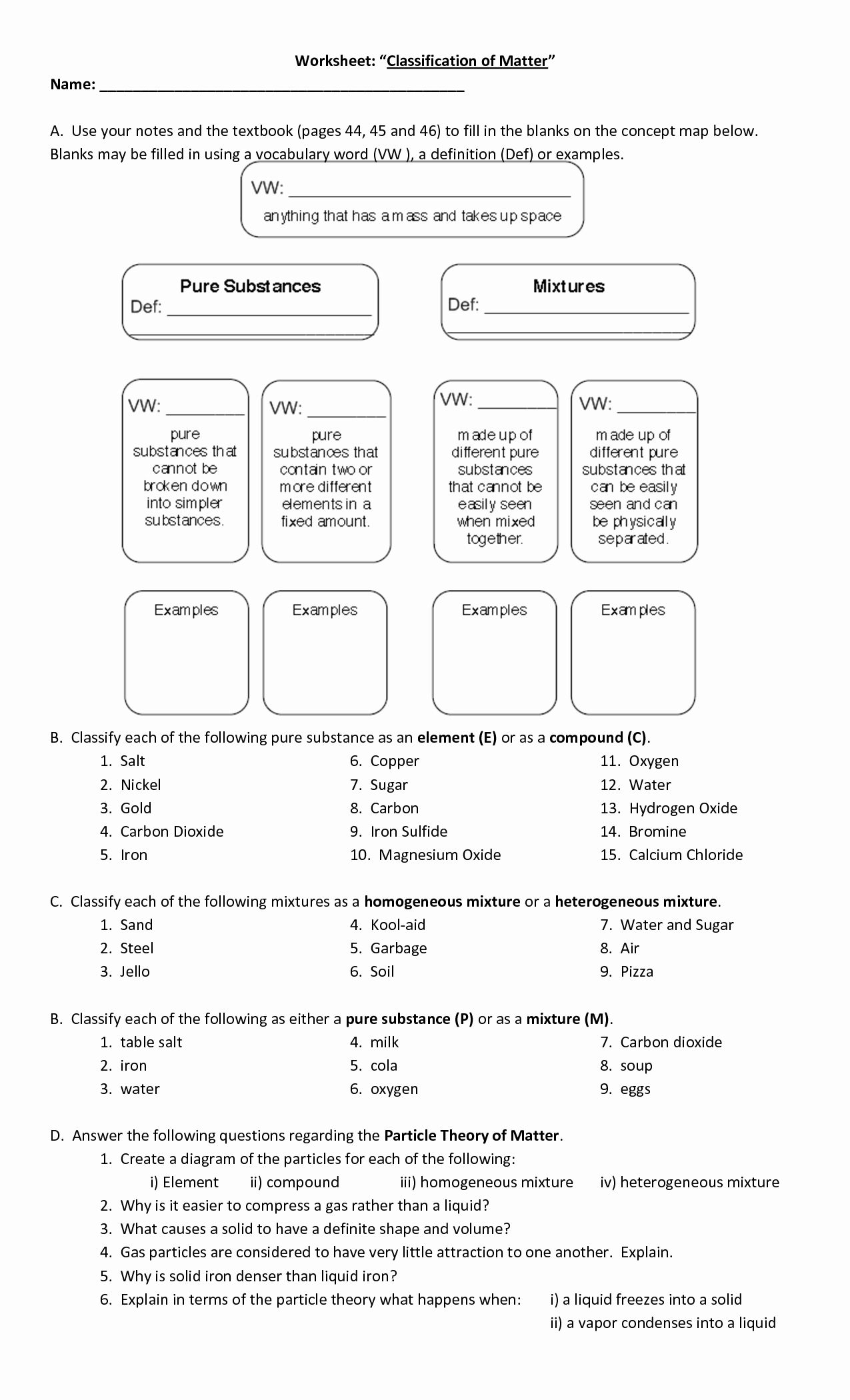 classifying matter worksheet answers key