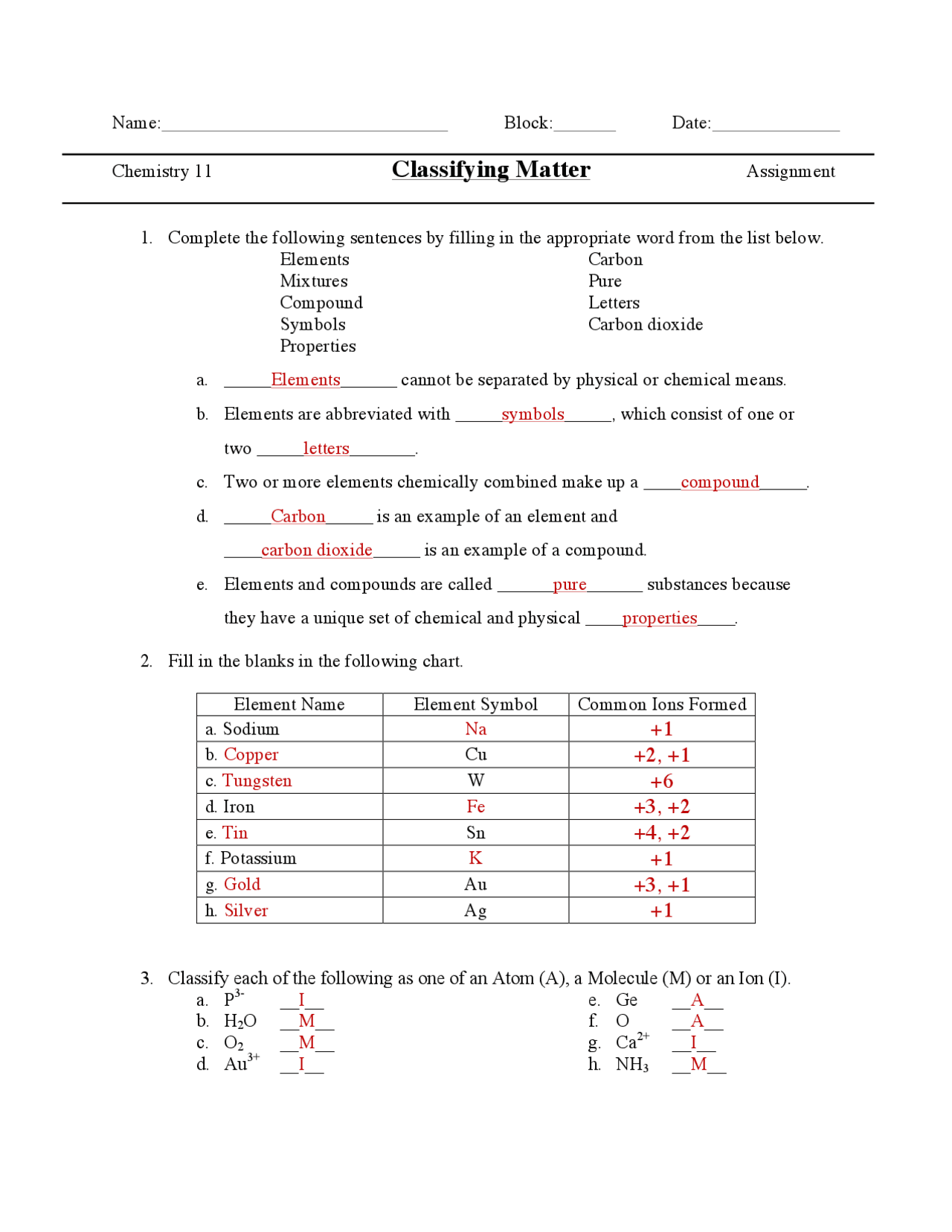 Classifying Matter Worksheet Key Slides Chemistry Docsity 
