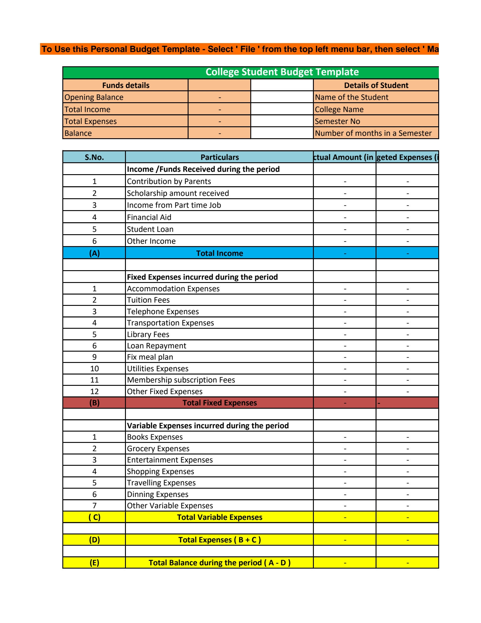 student budget worksheet