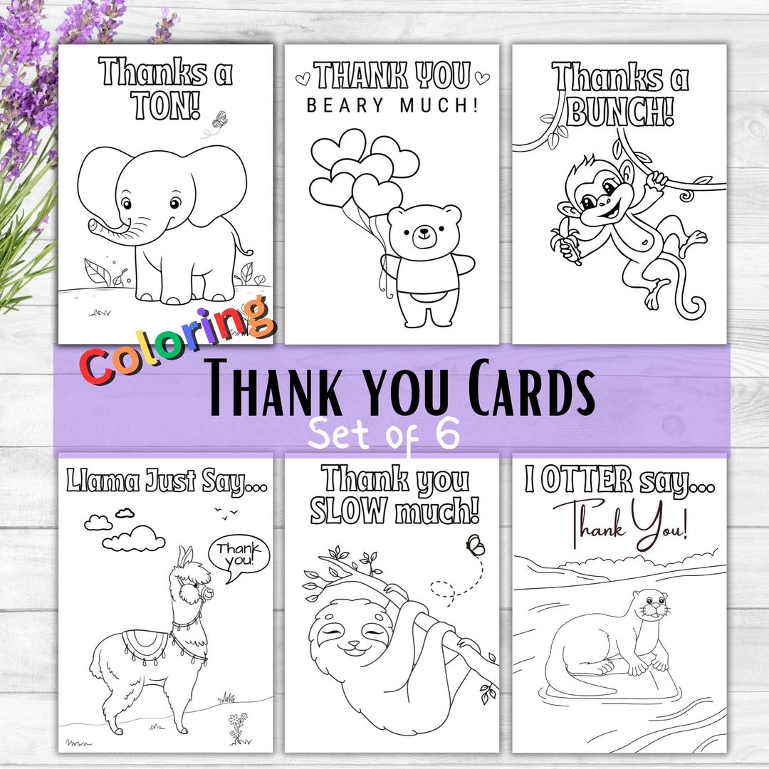 Colorable Kids Thank You Cards Printable Set Of 6 Cards Color Your 
