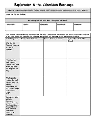 columbian exchange worksheet