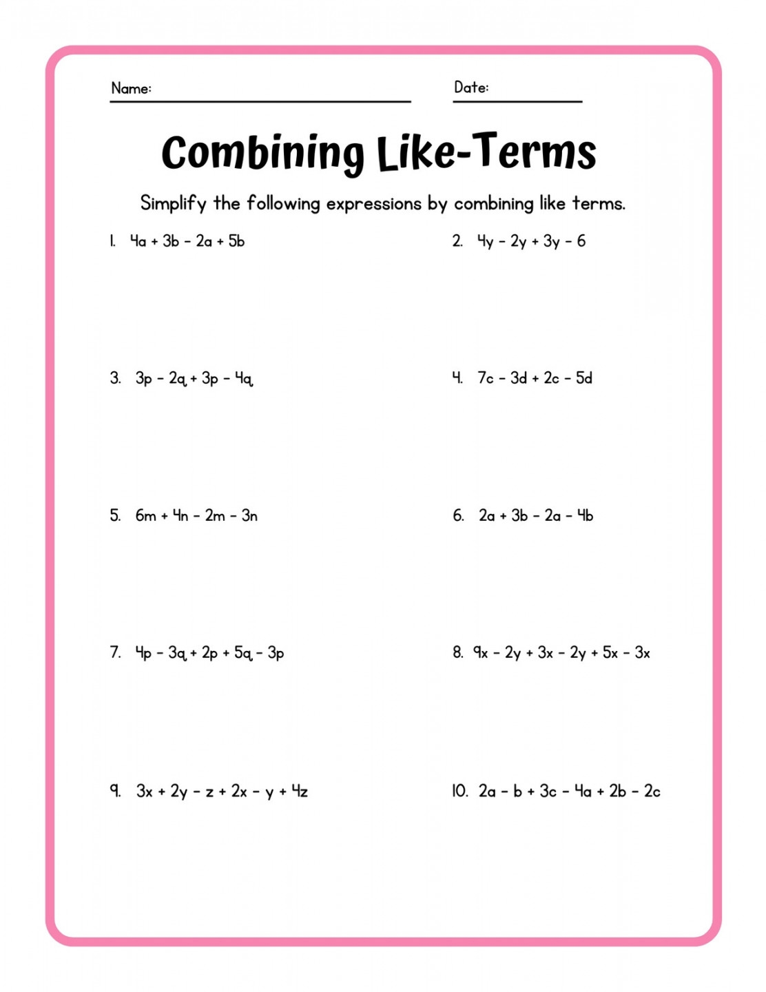 Combine Like Terms Worksheet Printable PDF Template