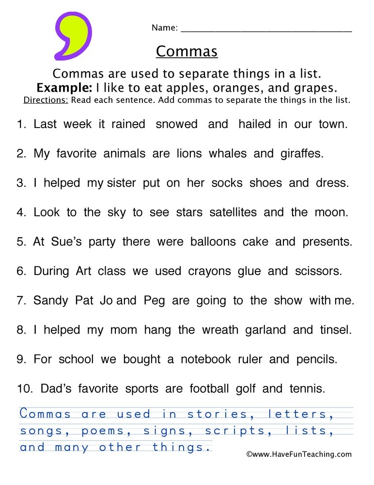 comma worksheet