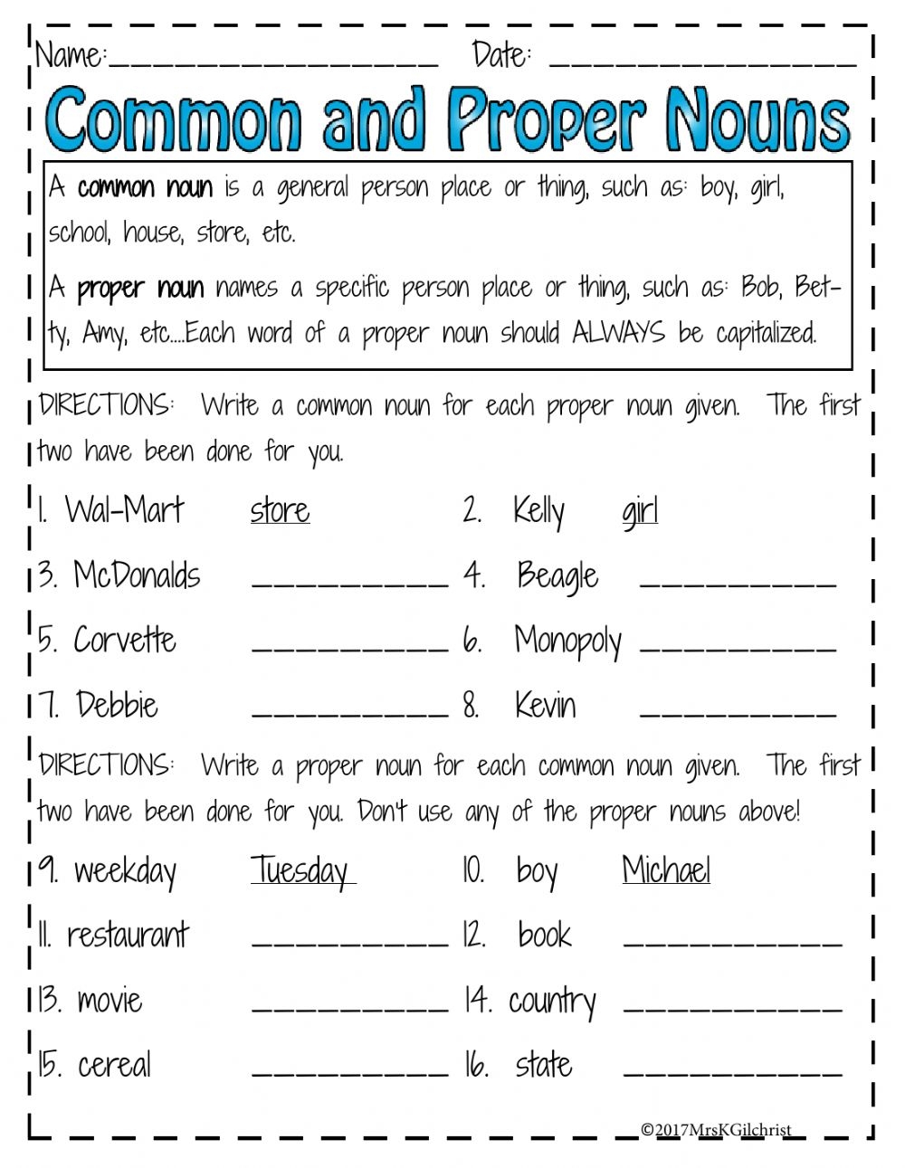 common nouns and proper nouns worksheet answers