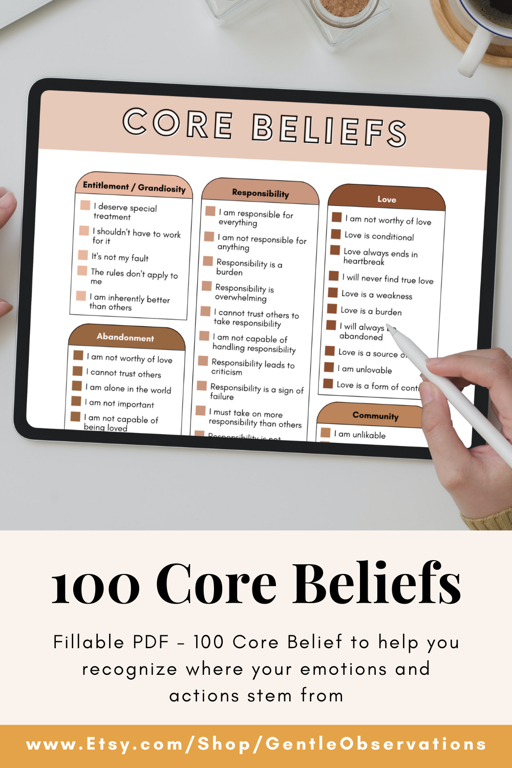 Common Core Beliefs Worksheets For Therapists Cognitive Etsy Core
