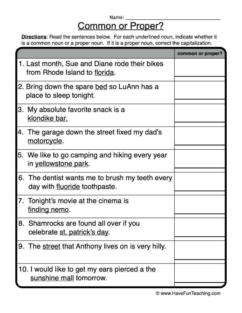 common versus proper nouns worksheet