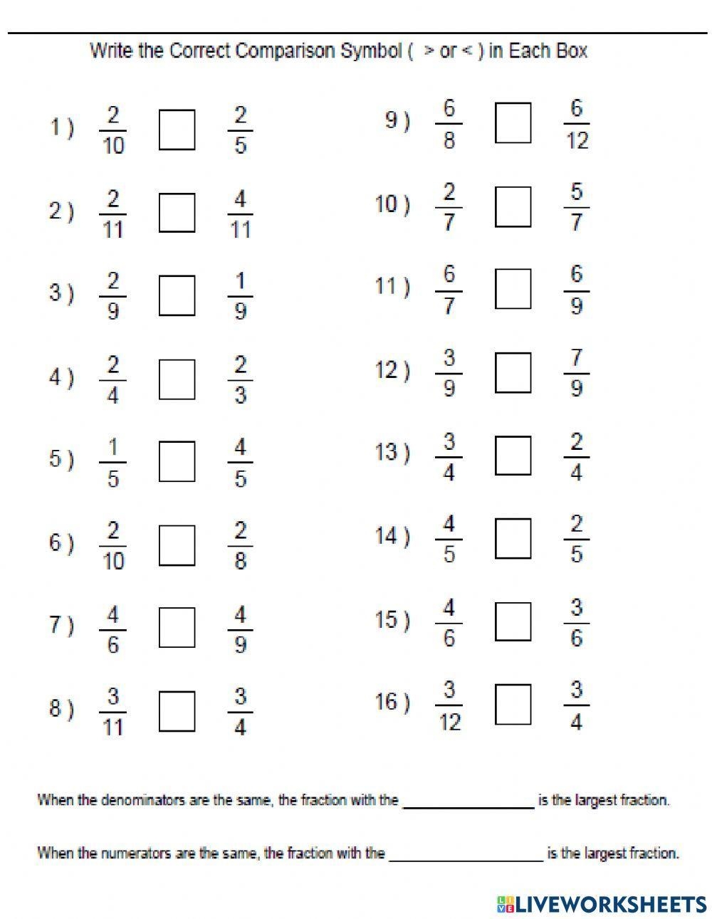 comparing fractions worksheet 3rd grade