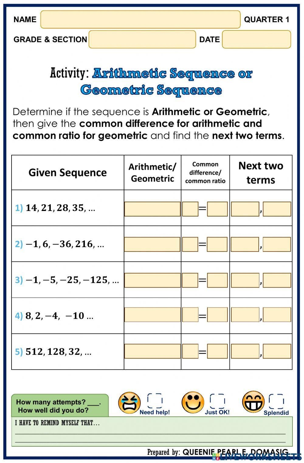 arithmetic sequences worksheet with answers pdf