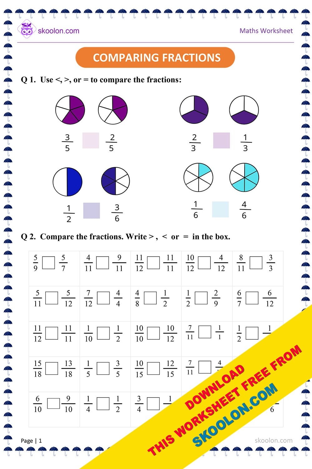 Comparing Fractions Worksheet 5 Skoolon Worksheets Library