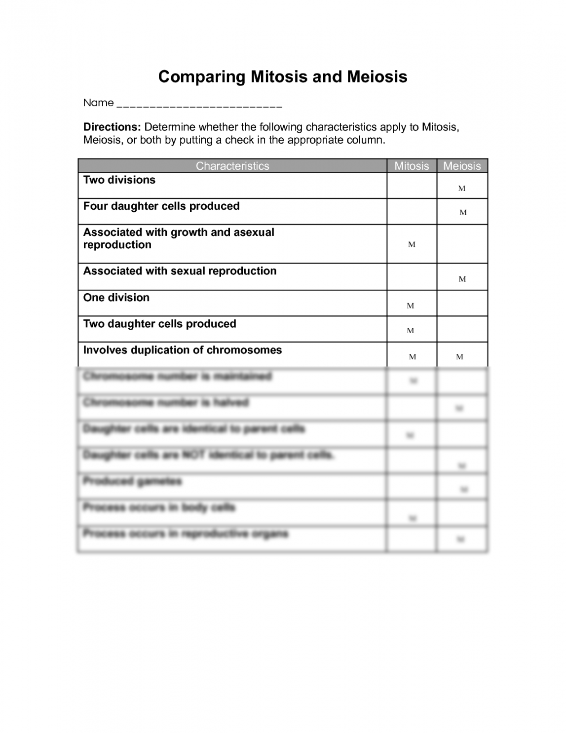 worksheet comparing mitosis and meiosis