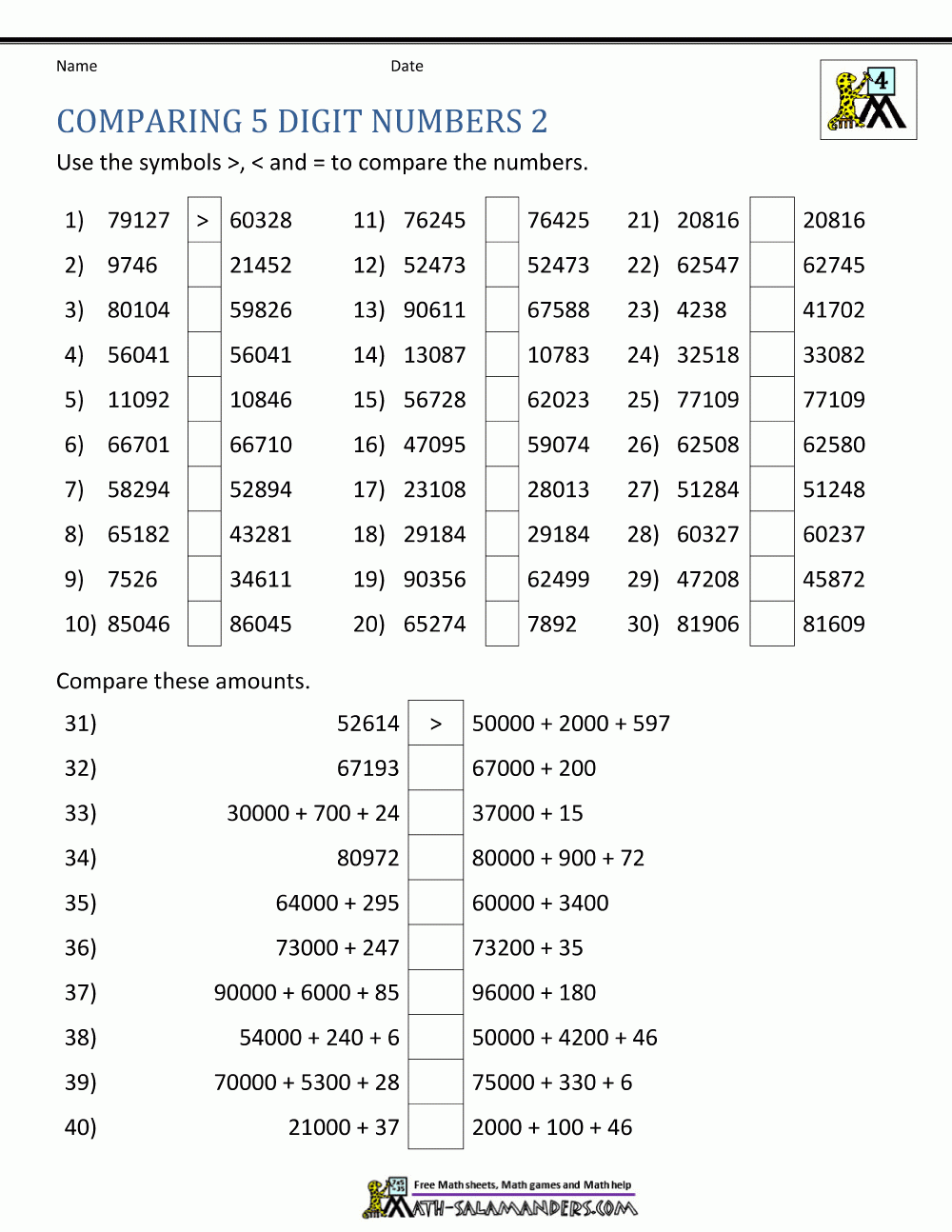 comparing numbers worksheets grade 4