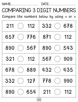 Comparing Two Three Digit Numbers 3 Digit Numbers Worksheets 