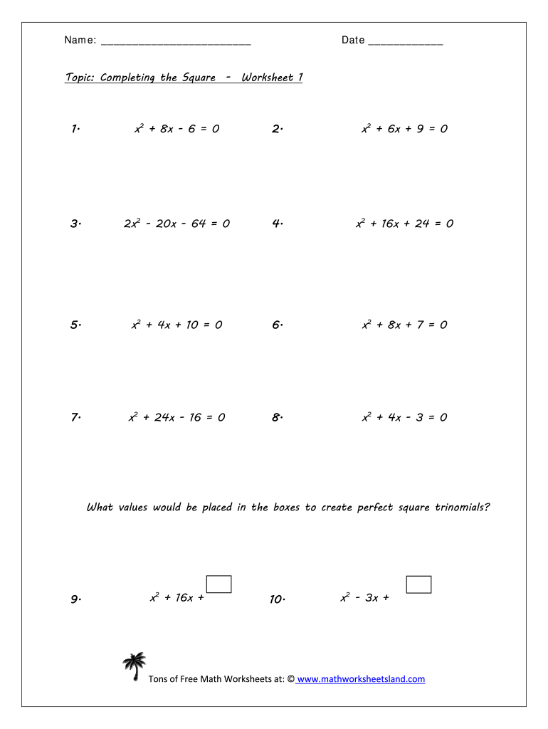 solve by completing the square worksheet
