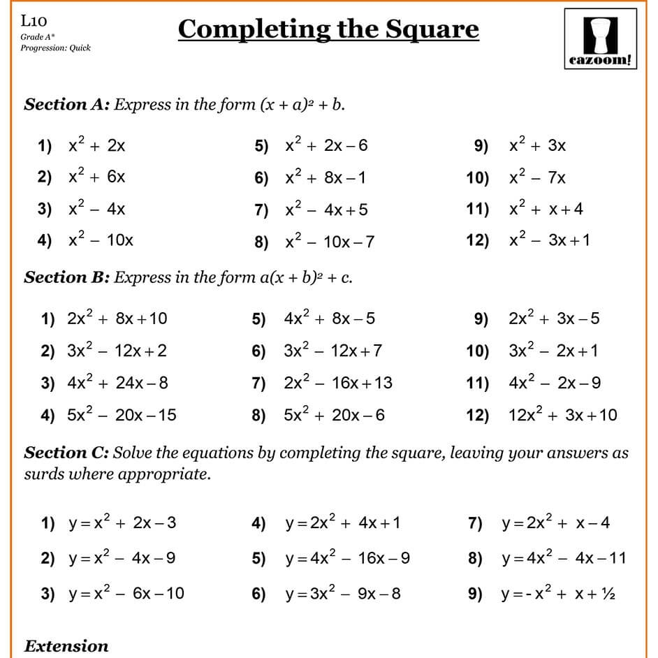 completing the square worksheet with answers pdf