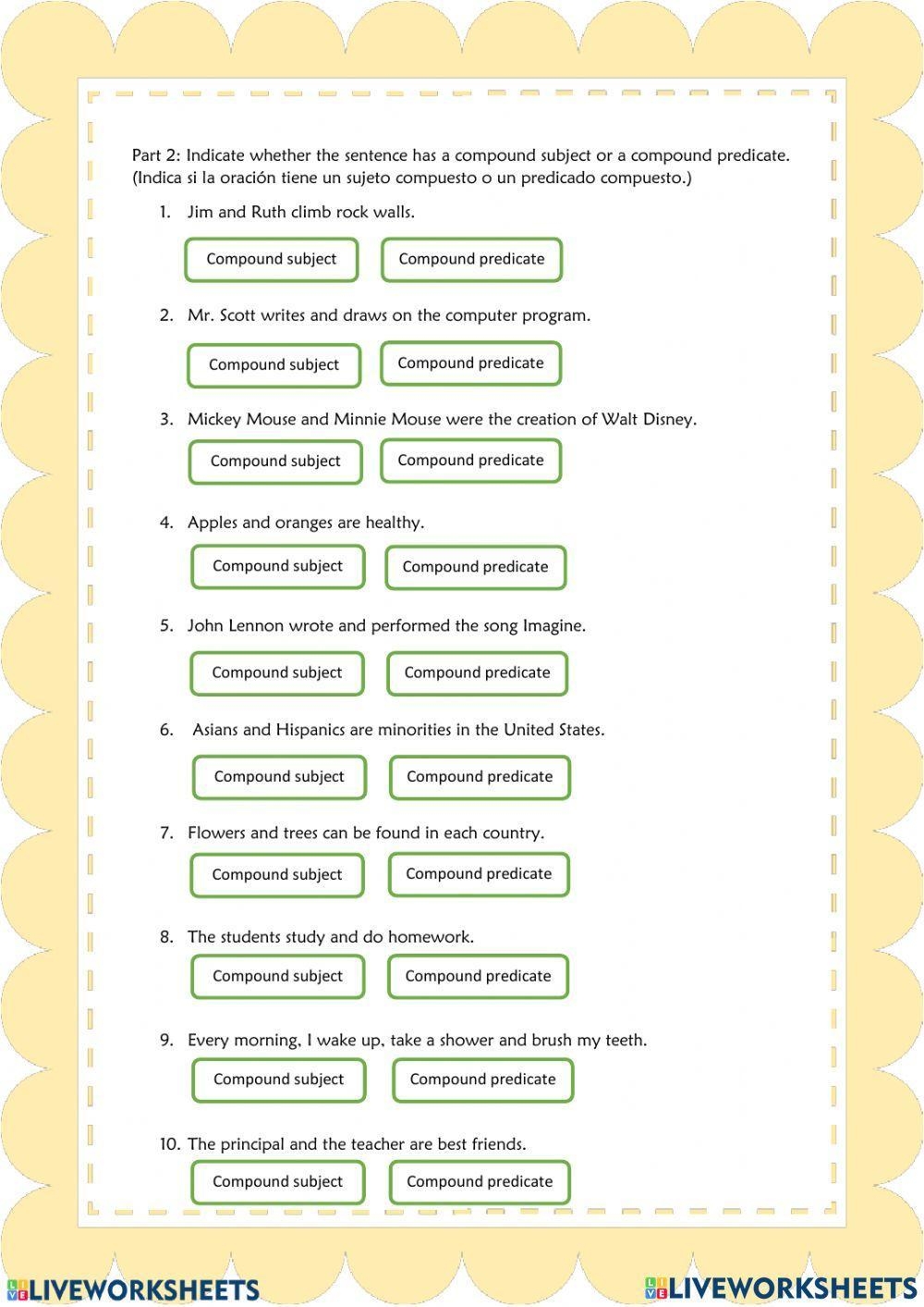 Compound Subject And Predicate Worksheet Live Worksheets Worksheets 