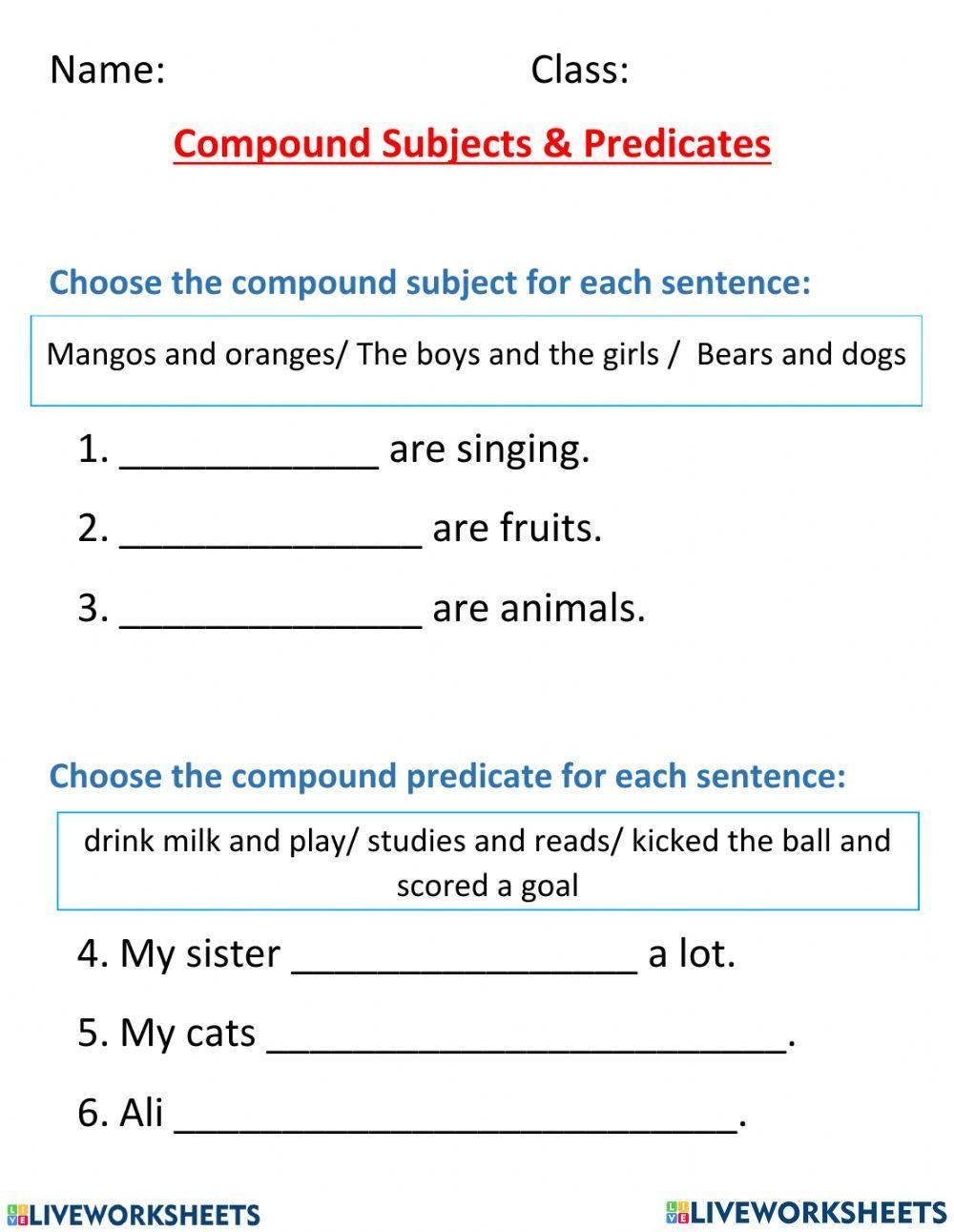 Compound Subjects And Predicates Grammar Practice Printable 