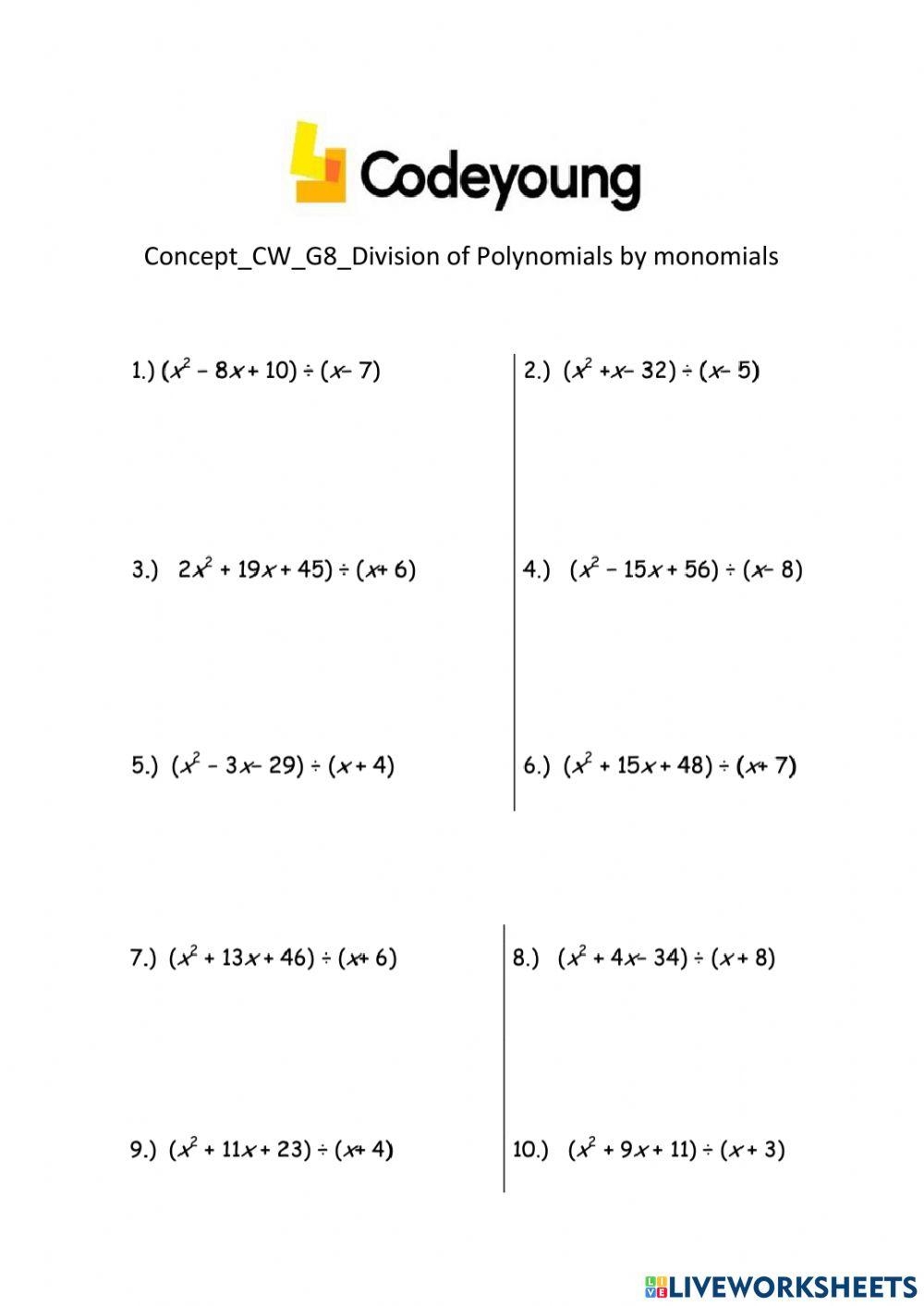 Concept CW G8 Division Of Polynomials By Monomials Worksheet 