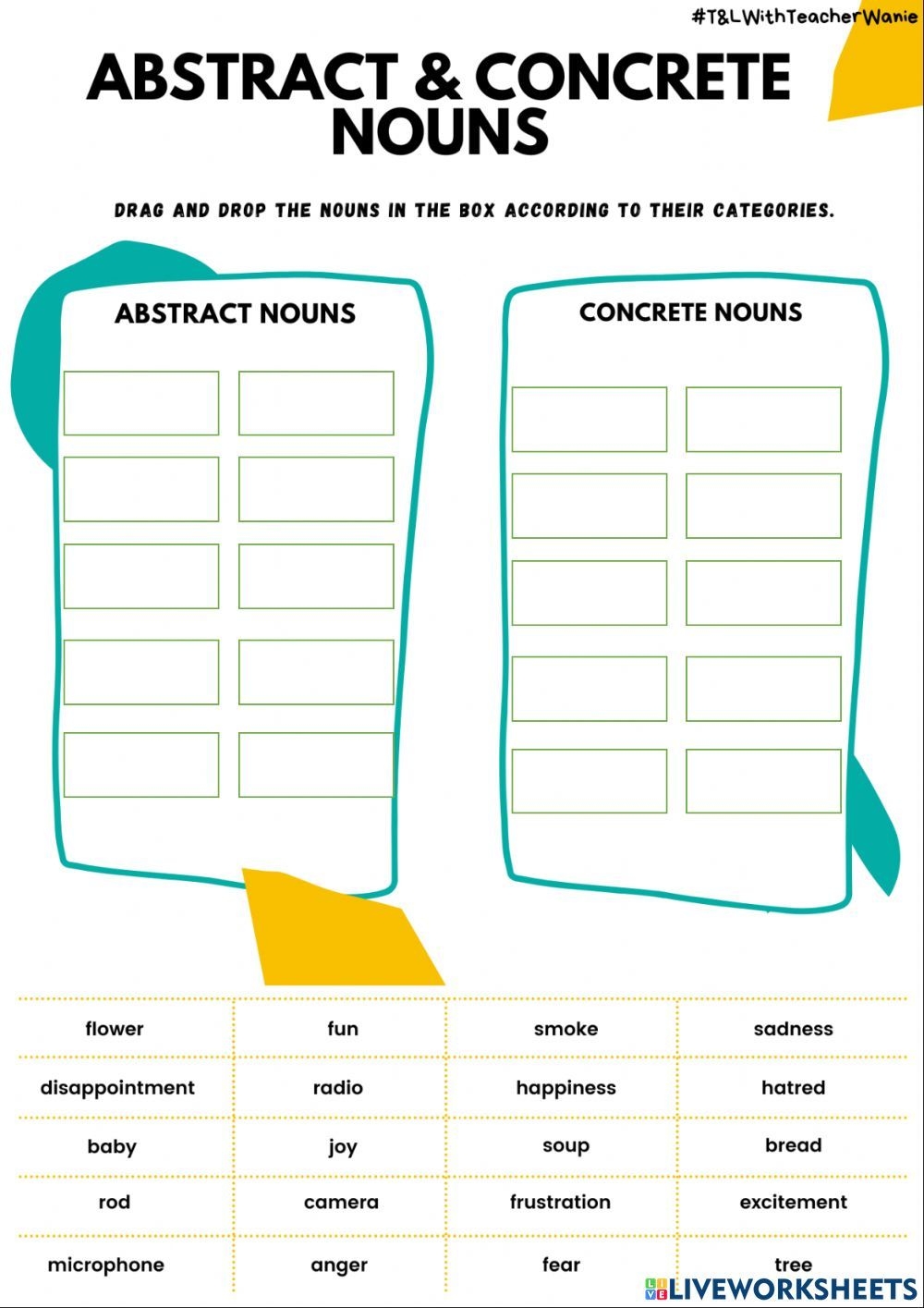Concrete And Abstract Nouns Worksheet For Young Writers