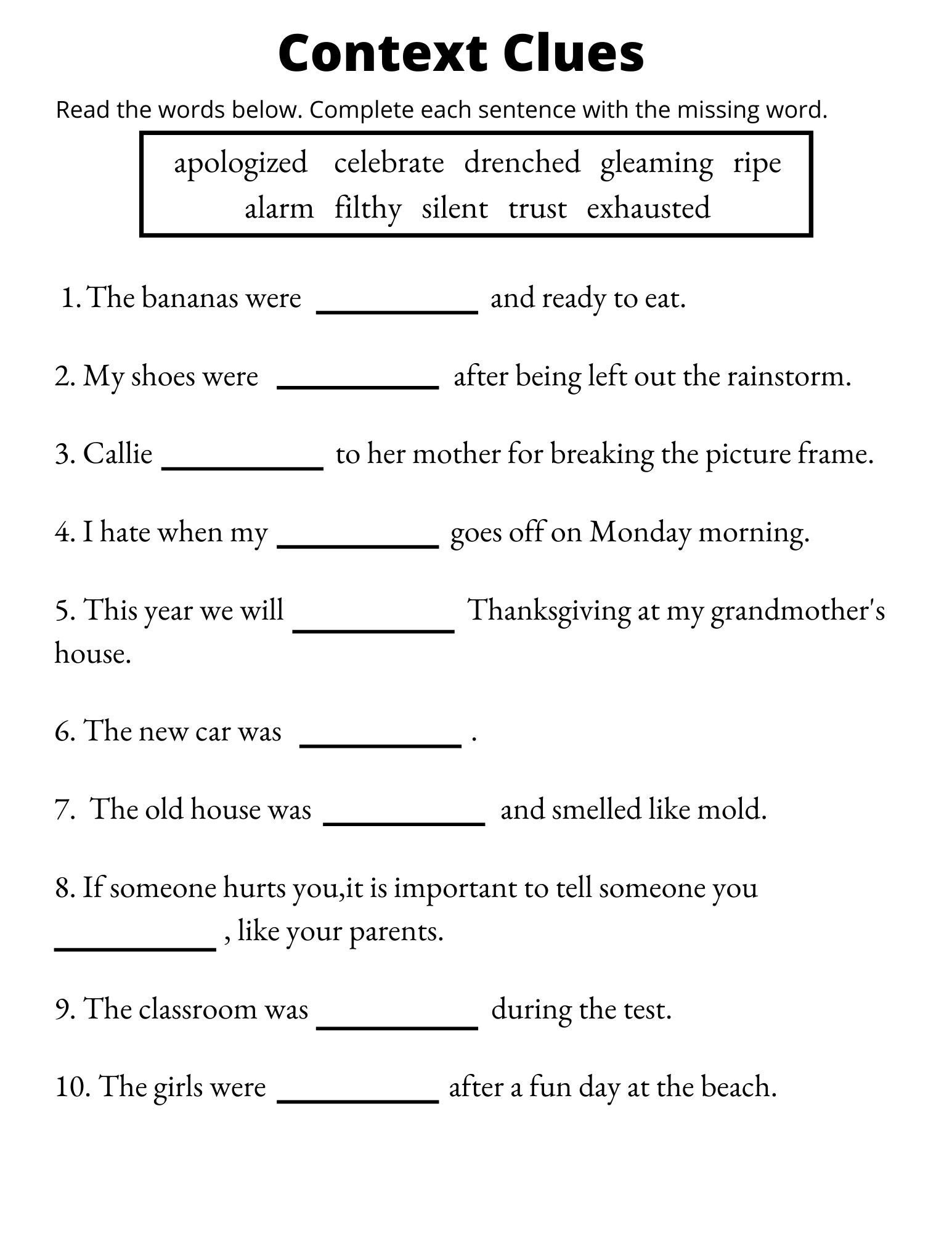 context clues worksheets grade 3