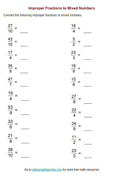 Convert Improper Fractions To Mixed Numbers Fraction And Decimal 
