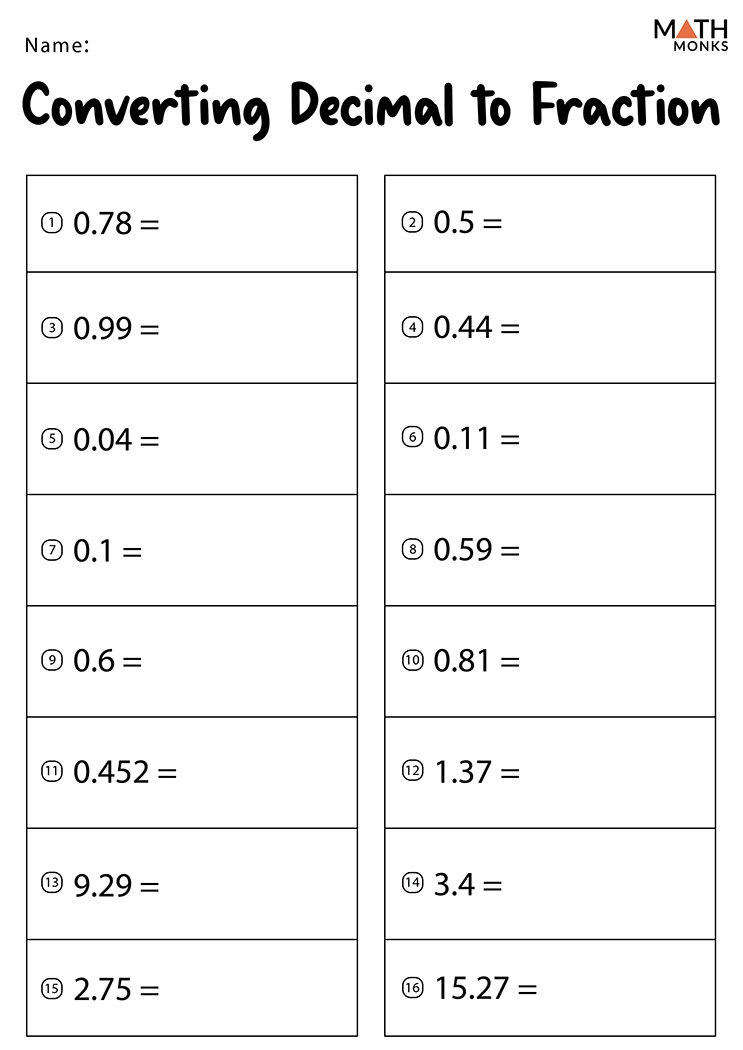 converting fractions to decimals worksheets