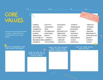 Core Value Worksheet By The Counseling Center TPT