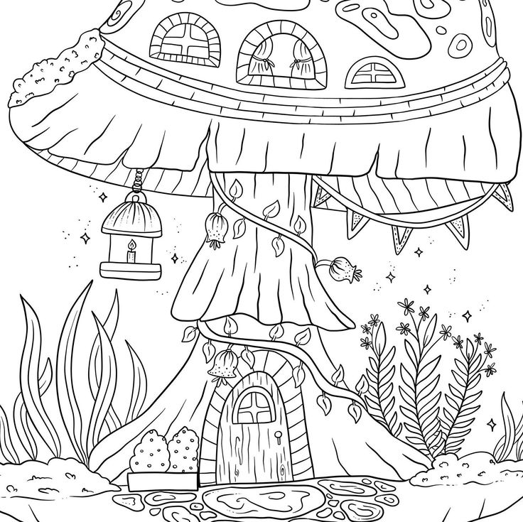 Cottagecore Mushroom Coloring Page Printable Adult Coloring Page