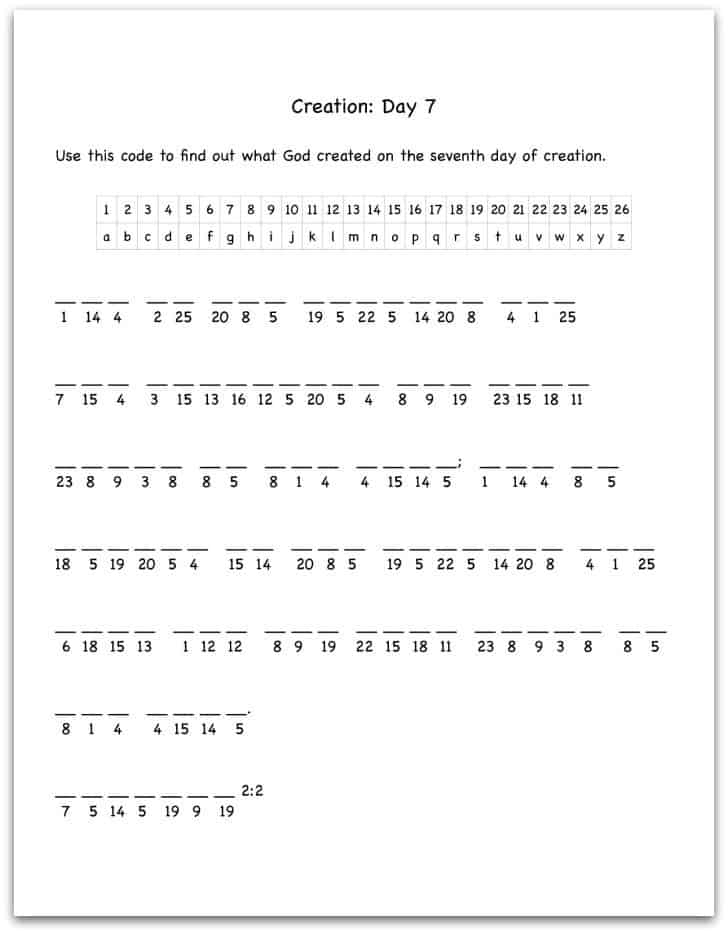Creation Day 7 Bible Verse Decoding Worksheet Ministry To Children