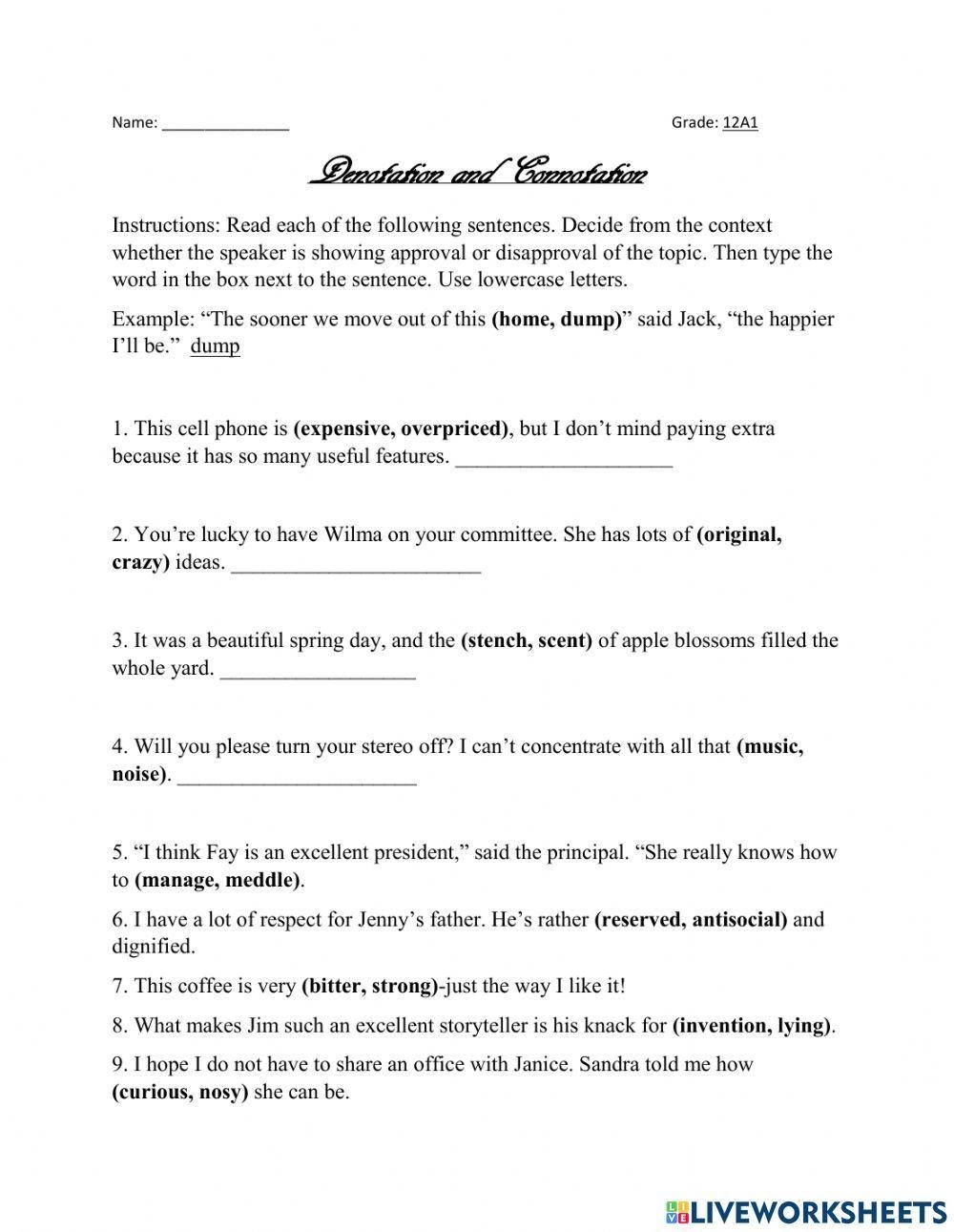 Denotation And Connotation Activity Live Worksheets Worksheets Library