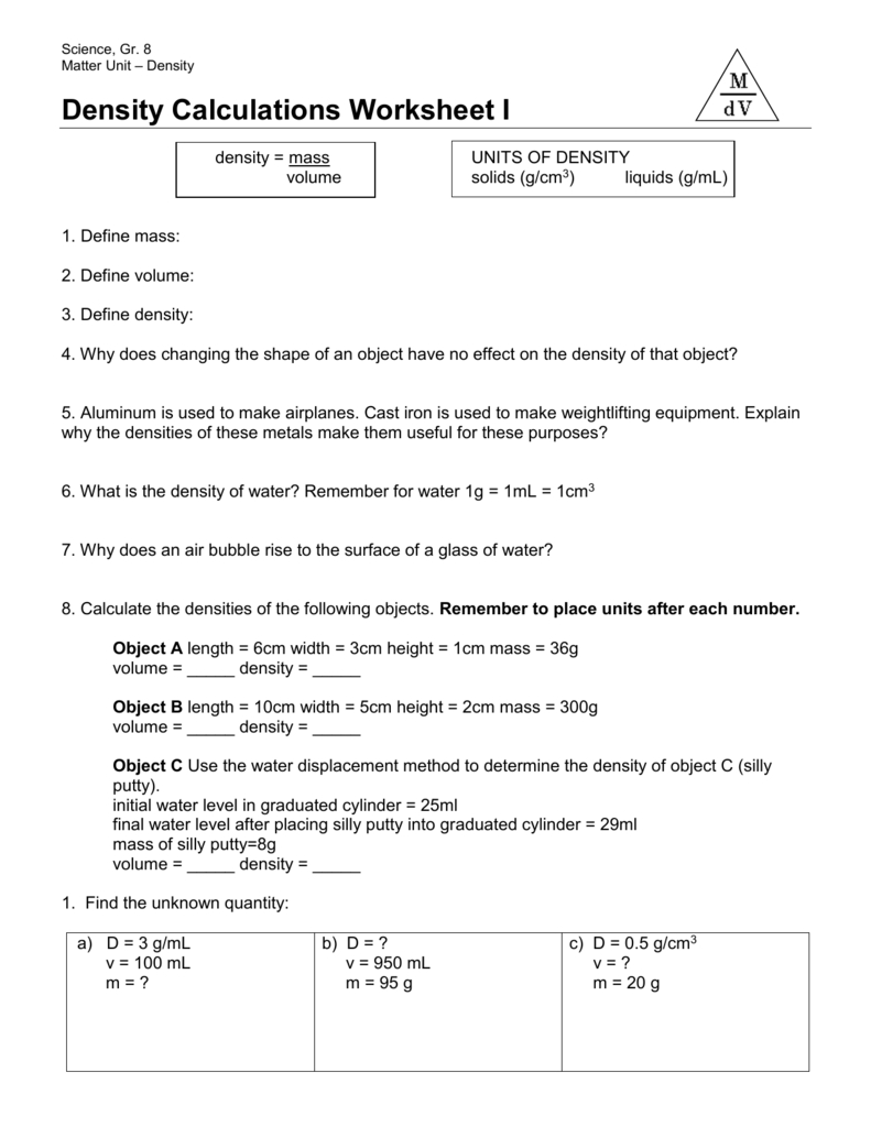 Density Calculations Worksheet I Db excel