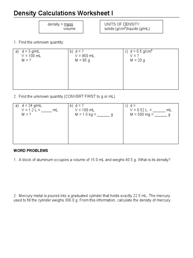 Density Calculations Worksheet I Worksheets Library