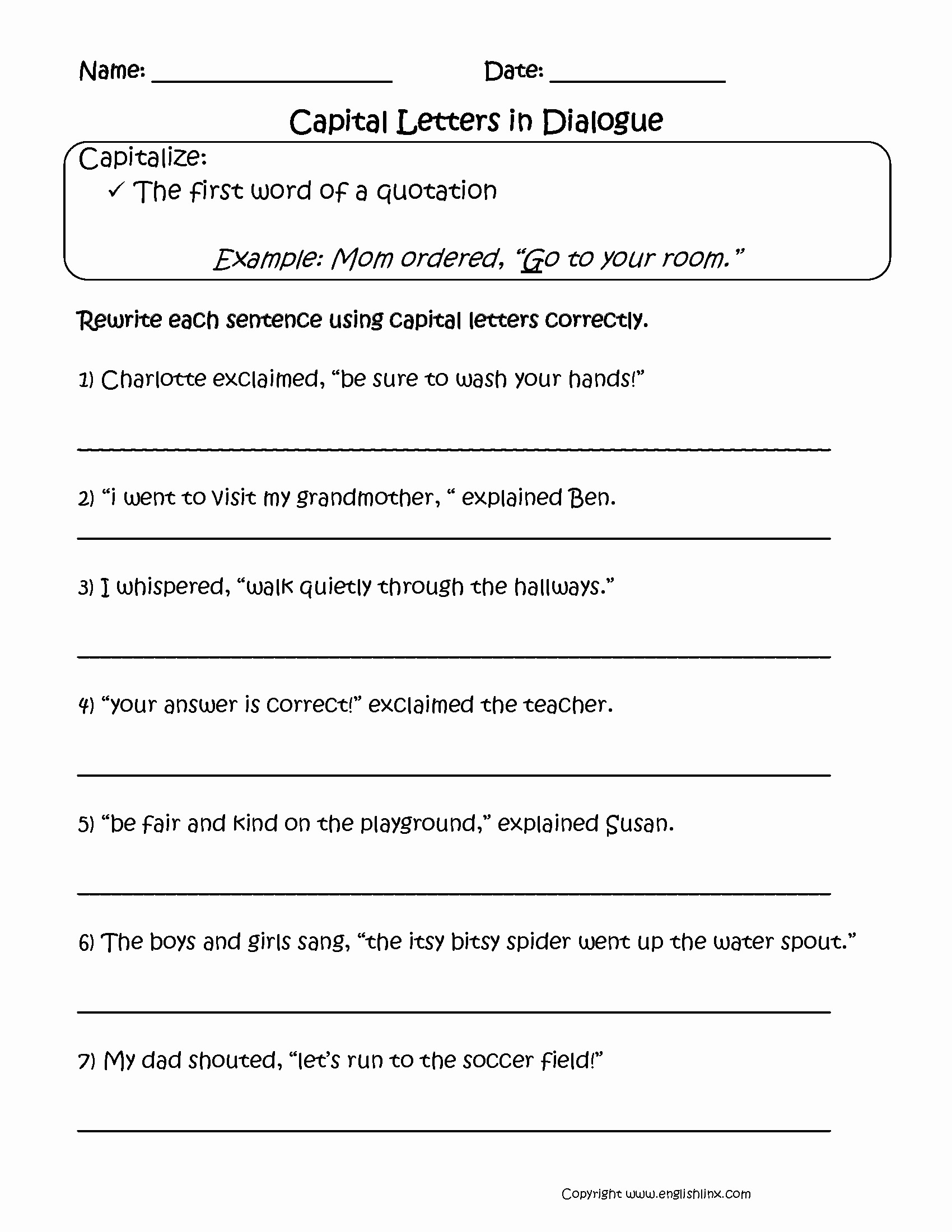 Dialogue Worksheets 4th Grade Beautiful Capitalization Worksheets 