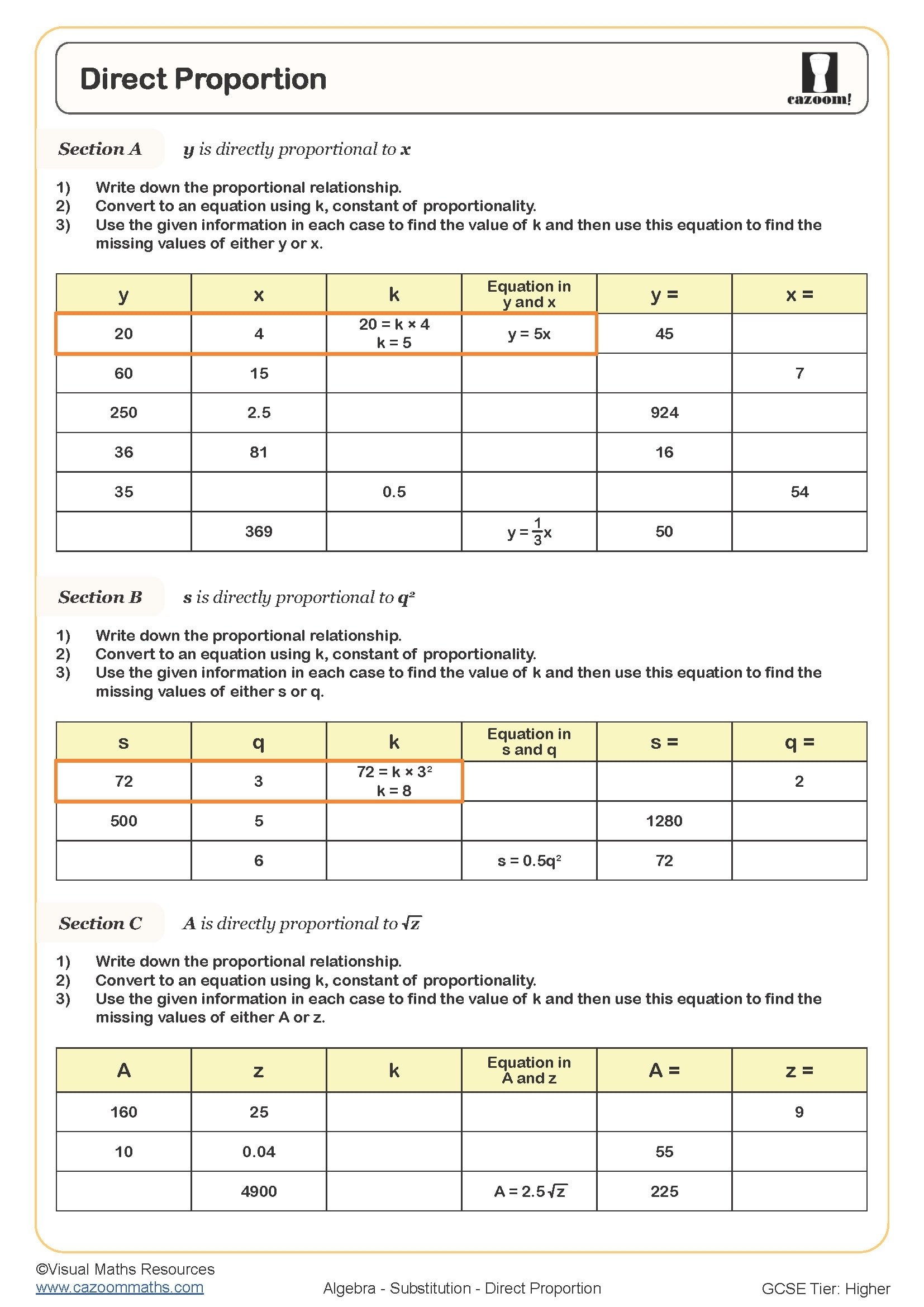 Direct Proportion Worksheet Cazoom Maths Worksheets