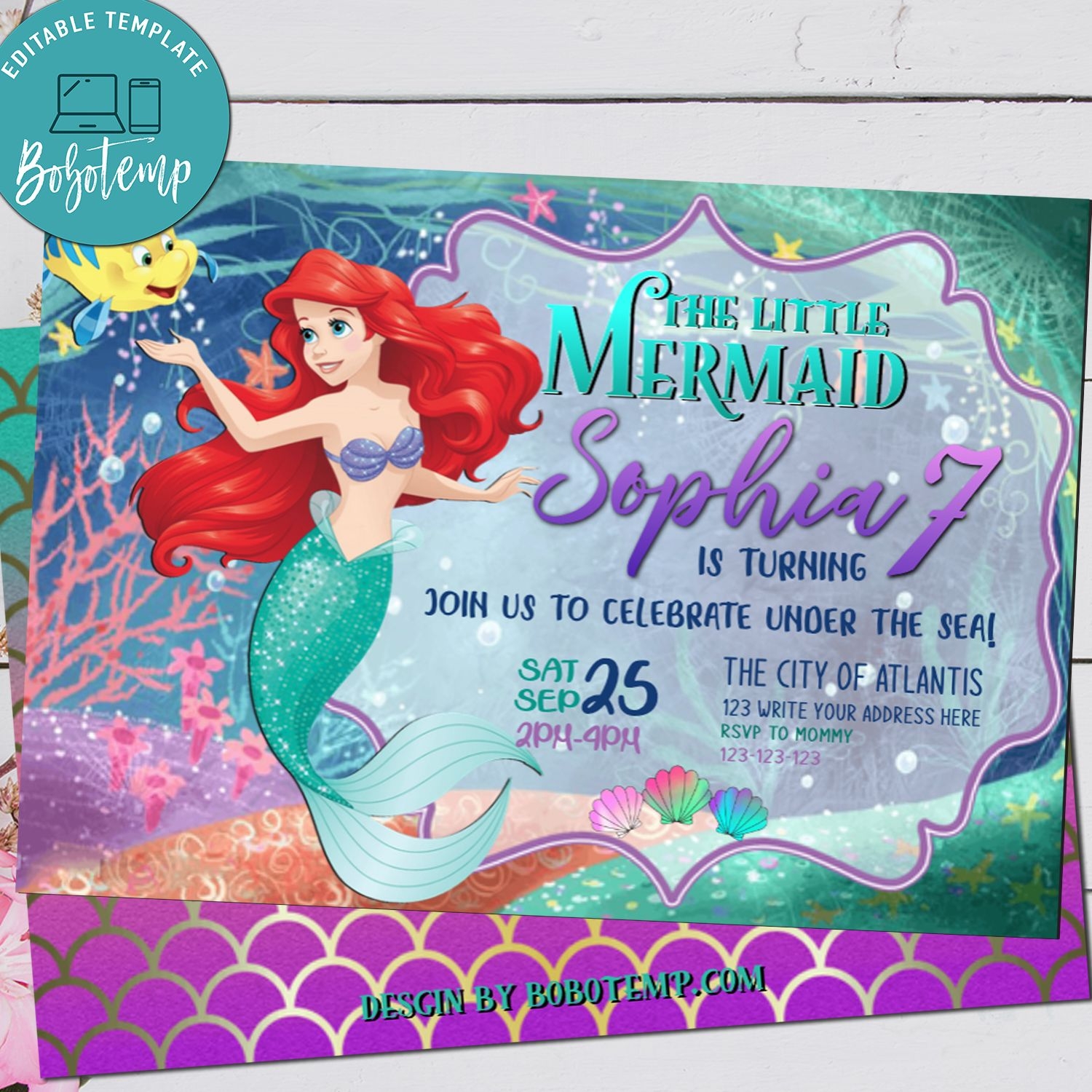 Disney Princess Ariel Little Mermaid Birthday Party Invitation 