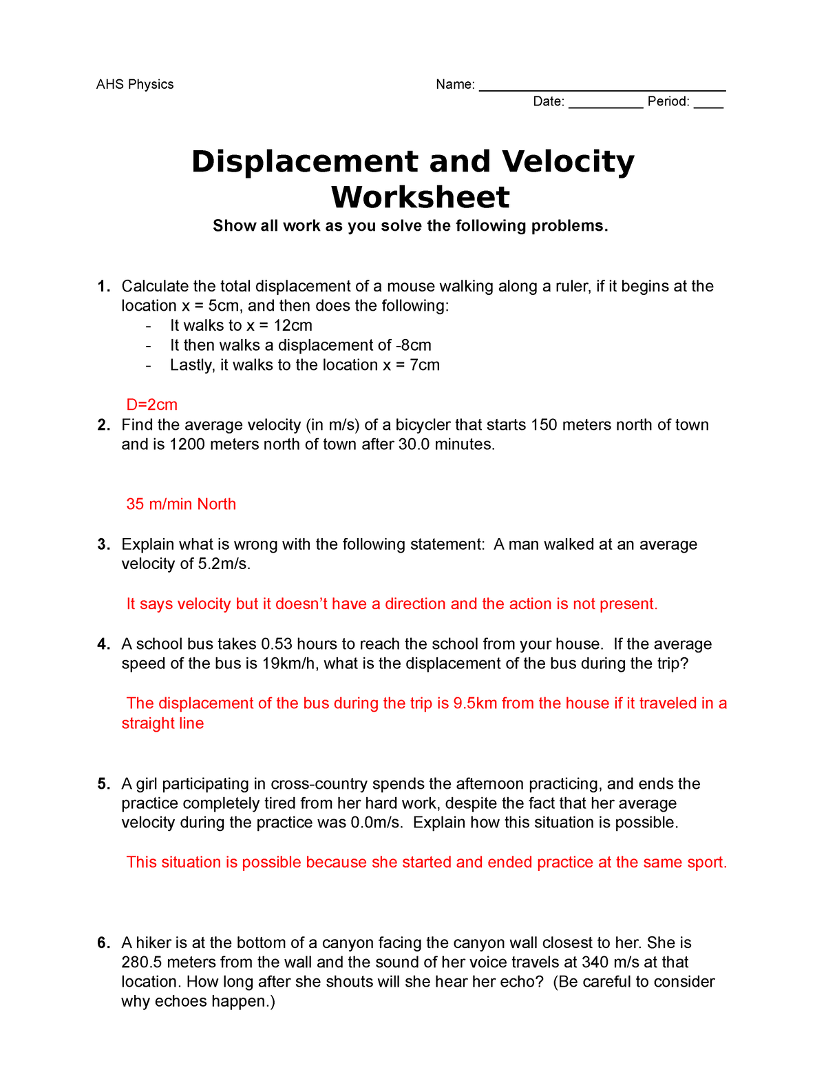 Displacement And Velocity Worksheet AHS Physics Name Date 